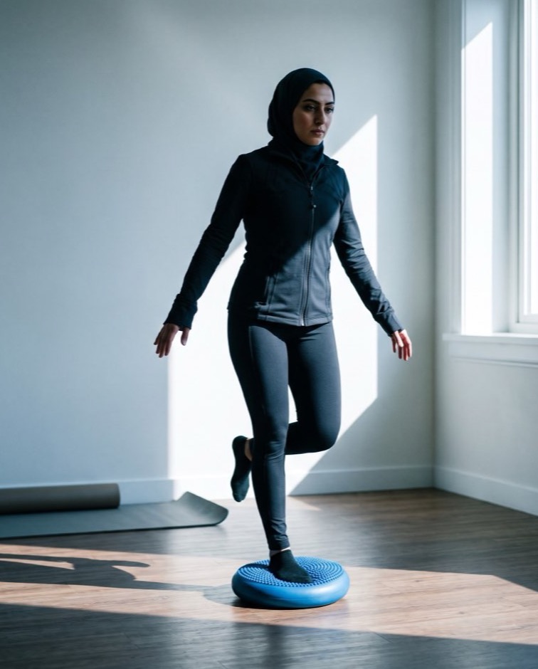 A woman balancing on one leg on a foam balance pad
