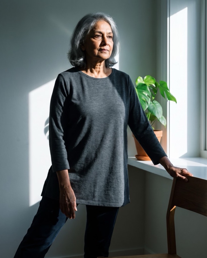 An older woman doing a supported standing balance exercise at home
