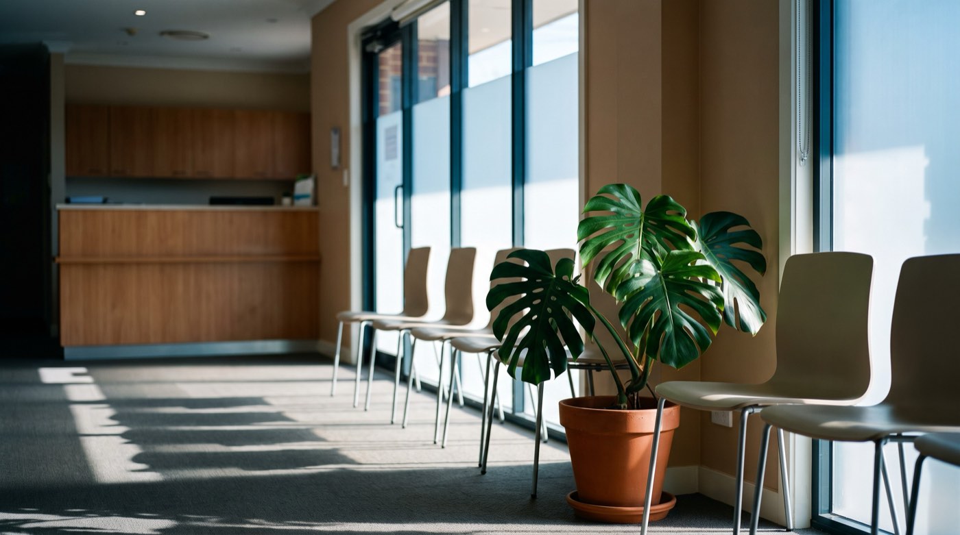 The calm waiting area of a suburban Australian general practice in morning light