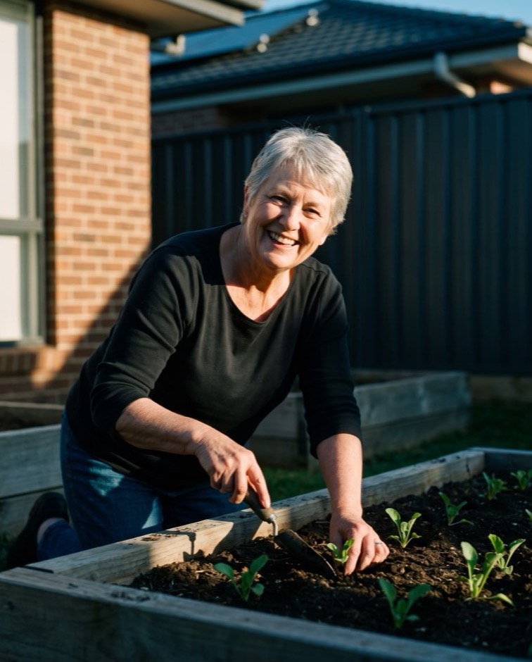 A woman kneeling in her backyard vegetable garden, planting seedlings