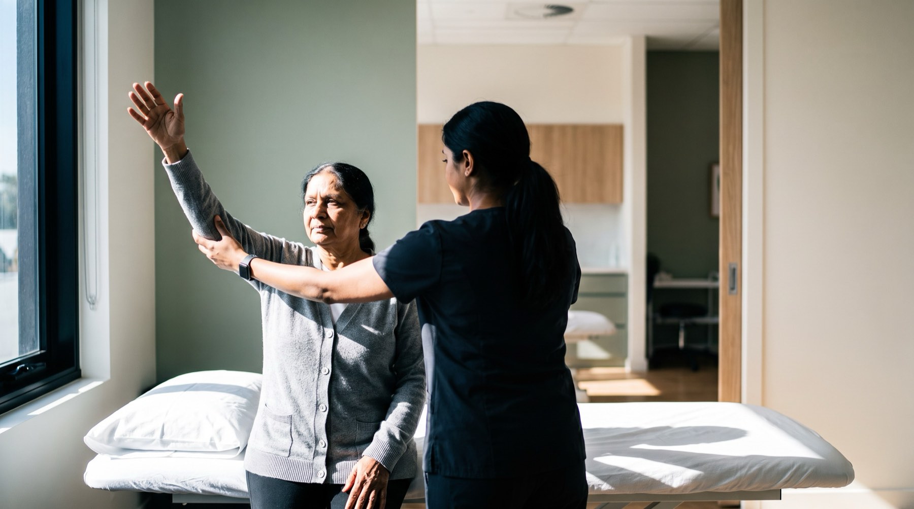 A physiotherapist supporting an older woman's shoulder as she raises her arm during a range-of-motion assessment