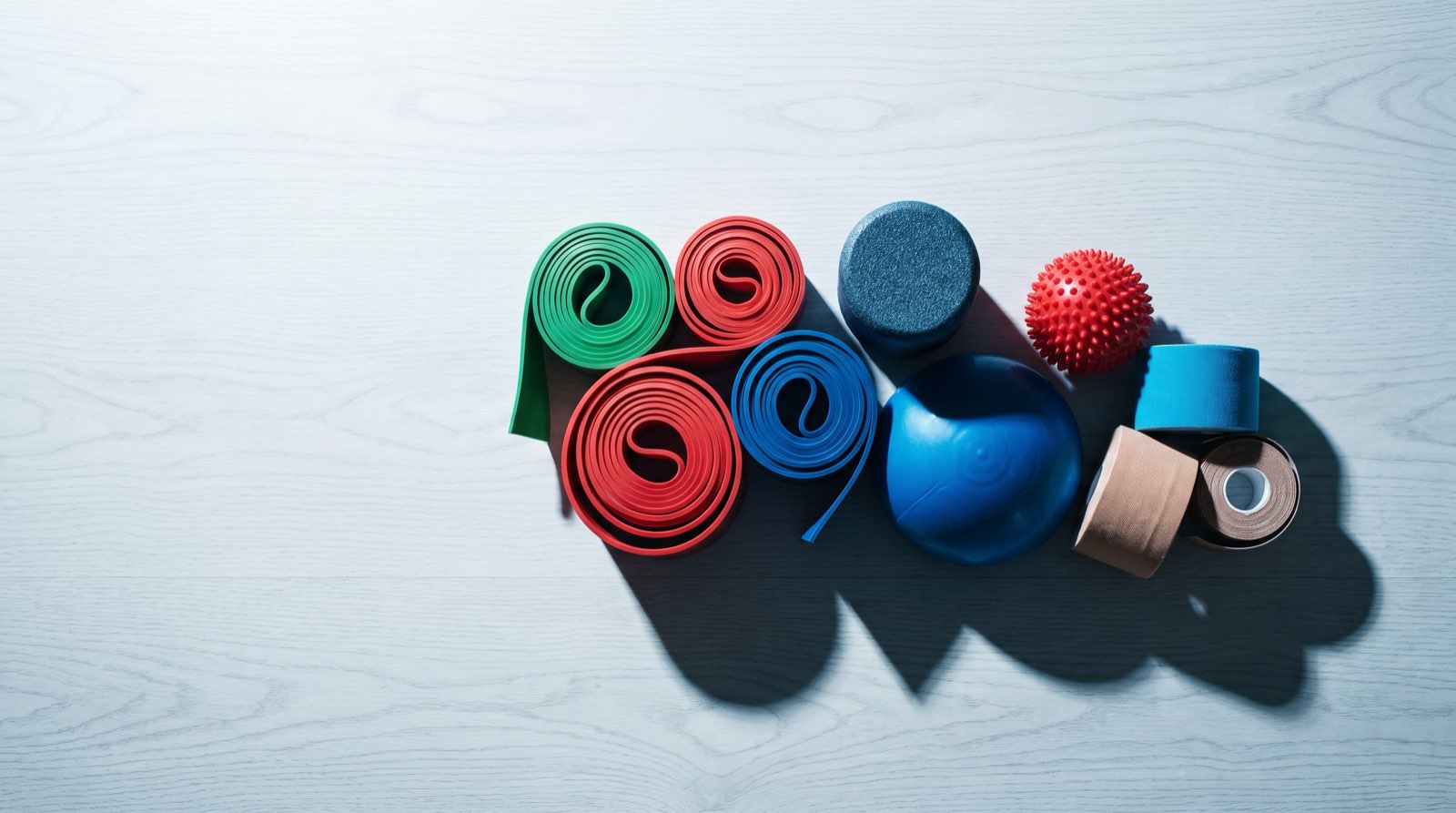 Resistance bands, a foam roller, a massage ball, a balance cushion and rolls of kinesiology tape laid out on a pale wooden surface