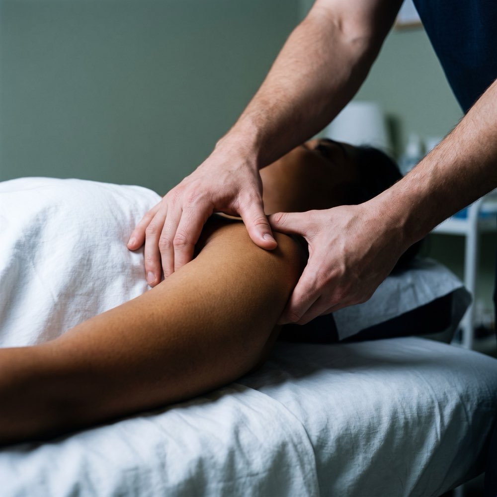 A physiotherapist mobilising a patient's shoulder