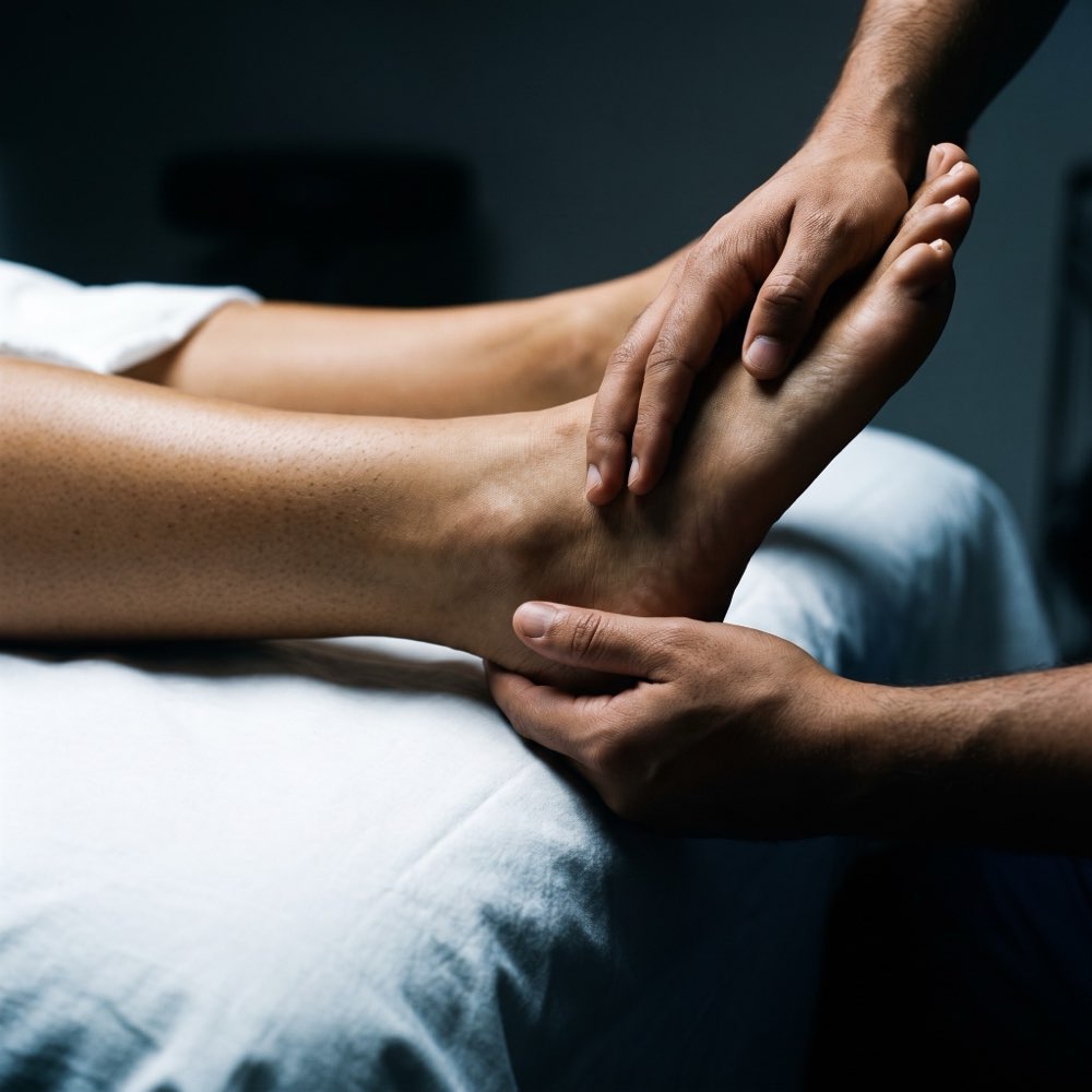 A physiotherapist mobilising a patient's ankle joint