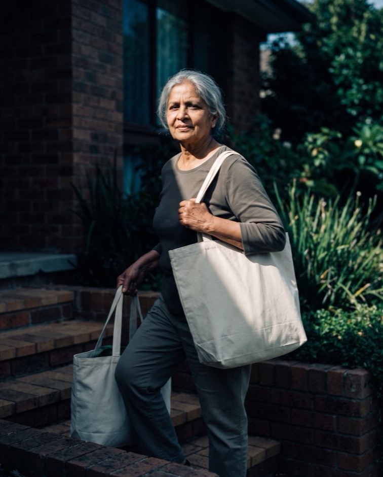 A woman carrying shopping bags up her front steps without difficulty