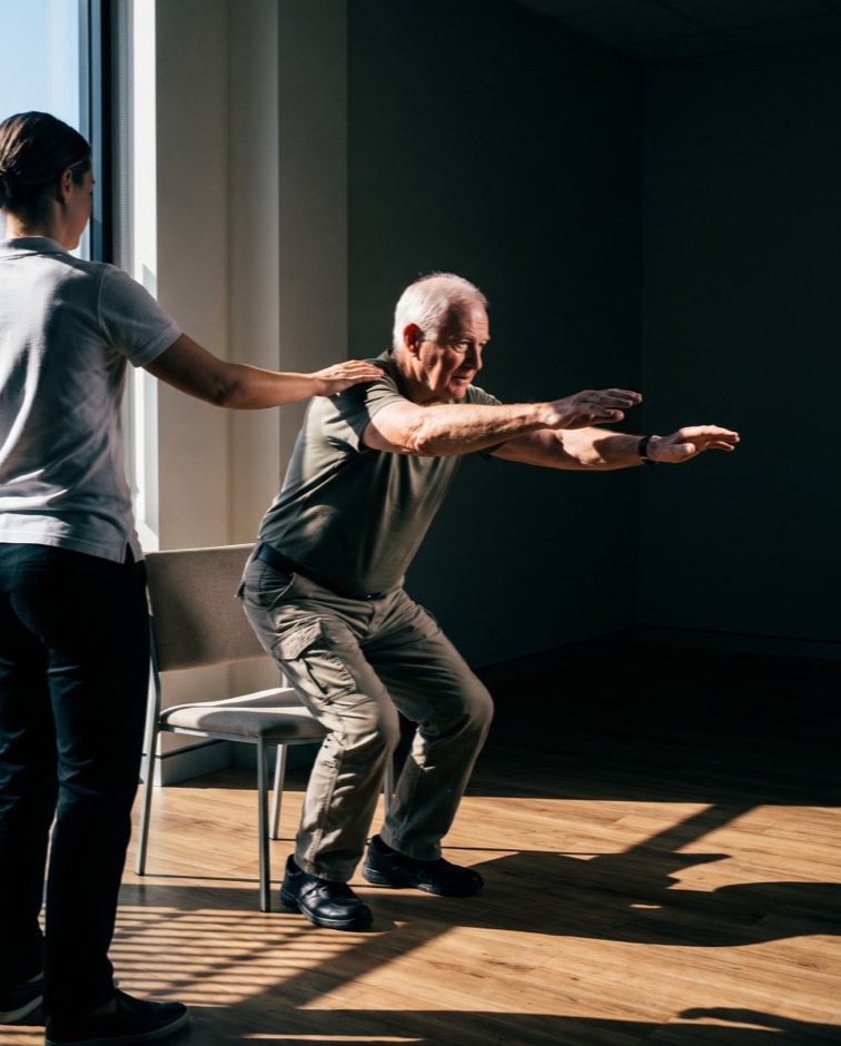 An older man practising standing from a chair with a physiotherapist