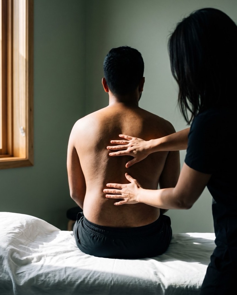 A physiotherapist assessing a seated patient's mid-back and spine
