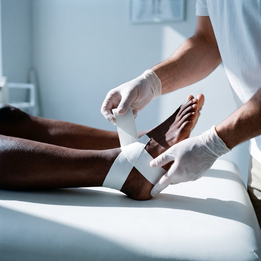 A physiotherapist strapping a patient's ankle with sports tape