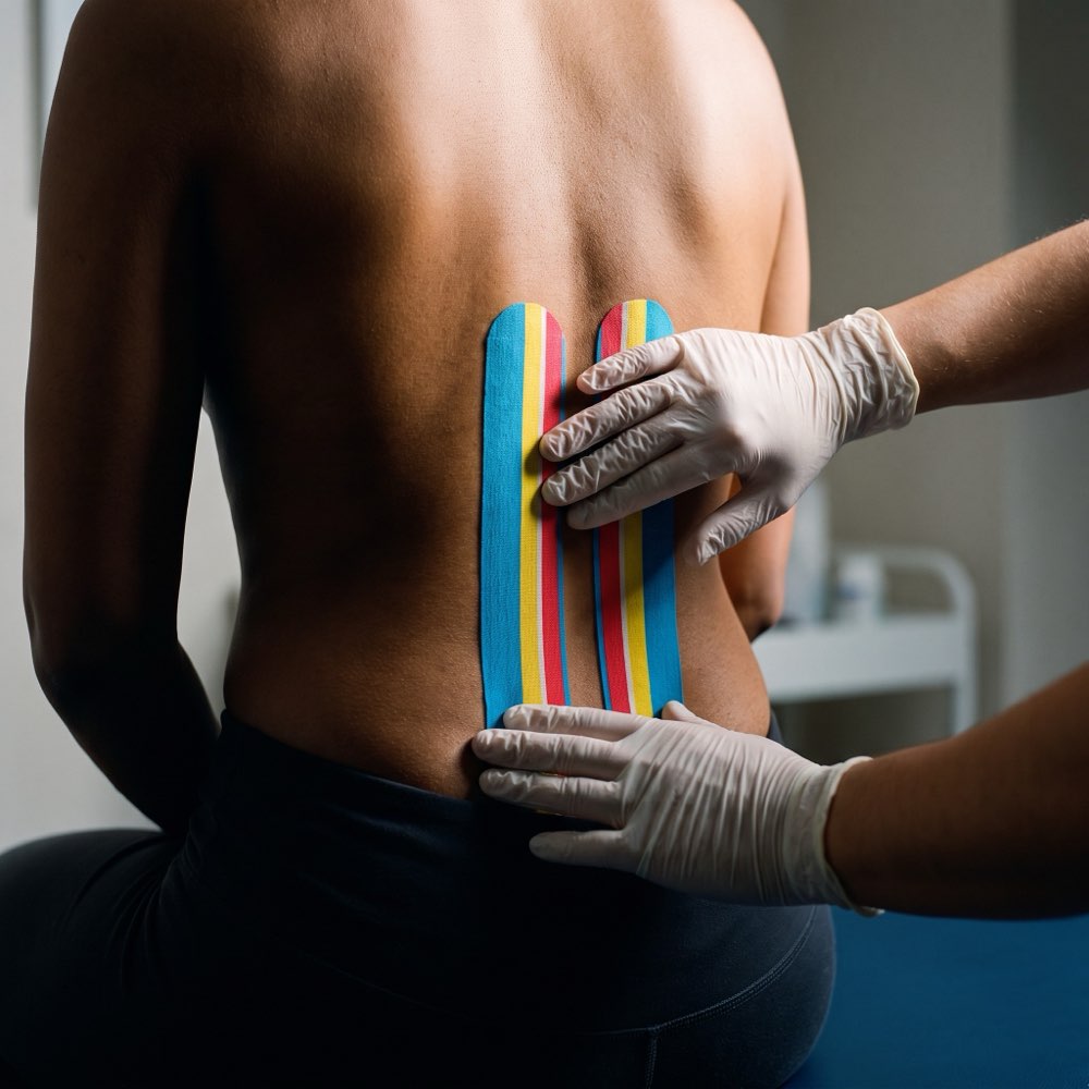 Taping applied across the upper back