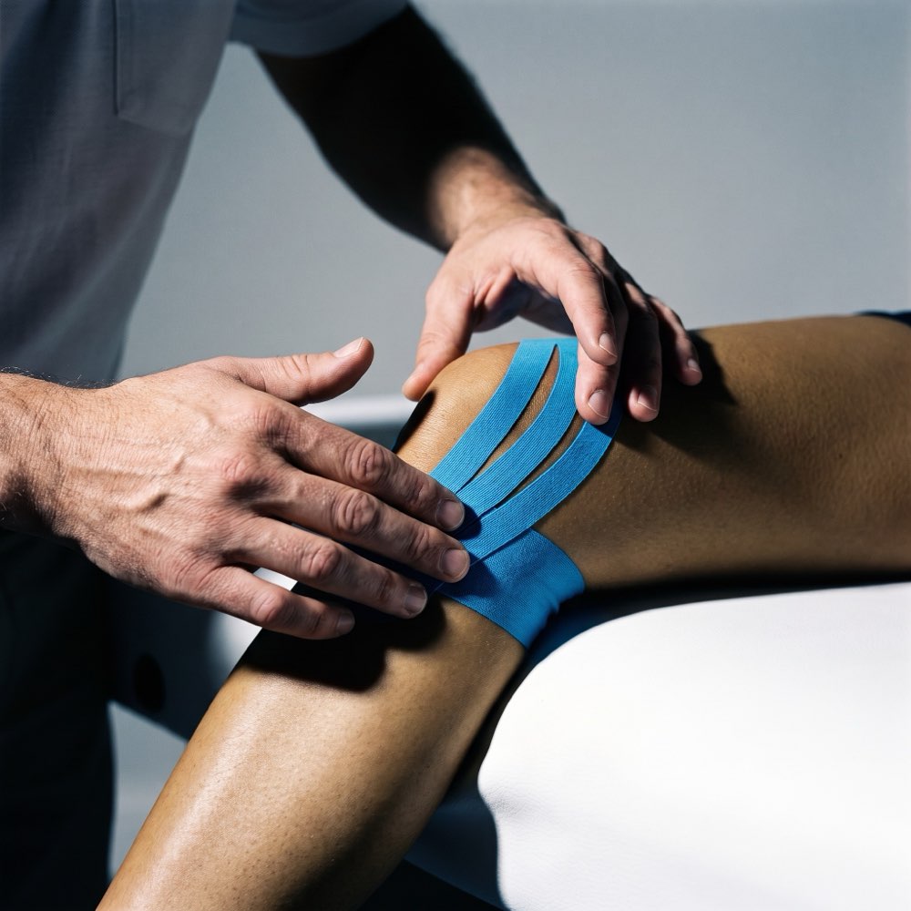 Kinesiology tape applied in a fan pattern around a patient's knee