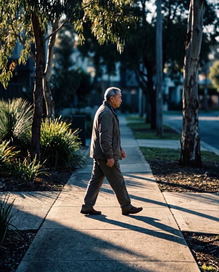 An older man walking confidently along a tree-lined suburban footpath in the morning